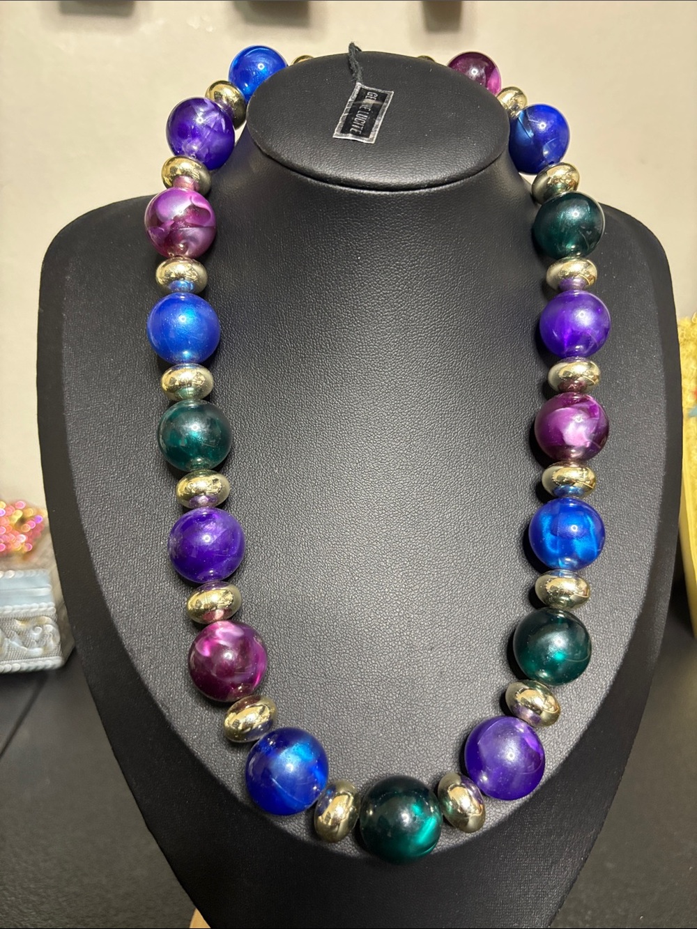 VTG Genuine Lucite Multicolor Beaded Statement Necklace Gold Accents